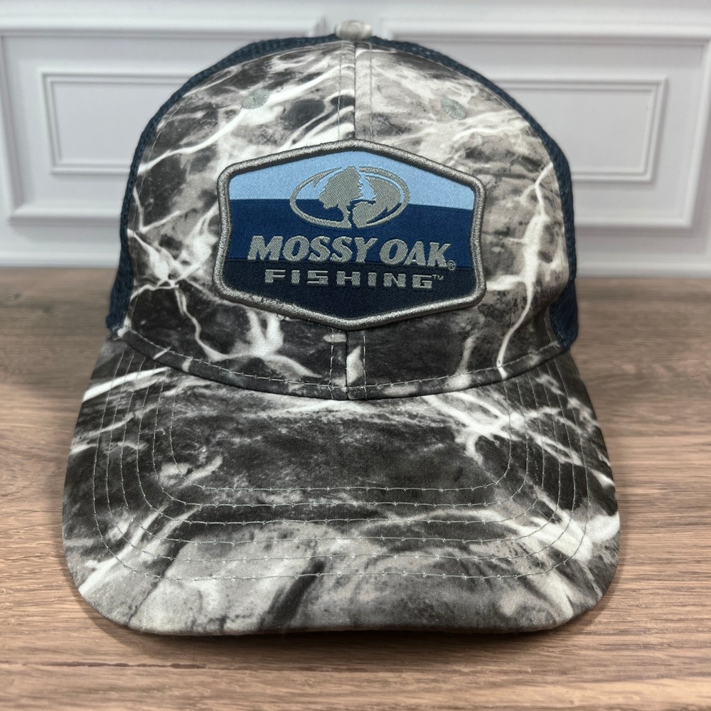 Mossy Oak Fishing Trucker Hat Mens Grey Navy Blue Water Ripple Snapback Cap OSFM